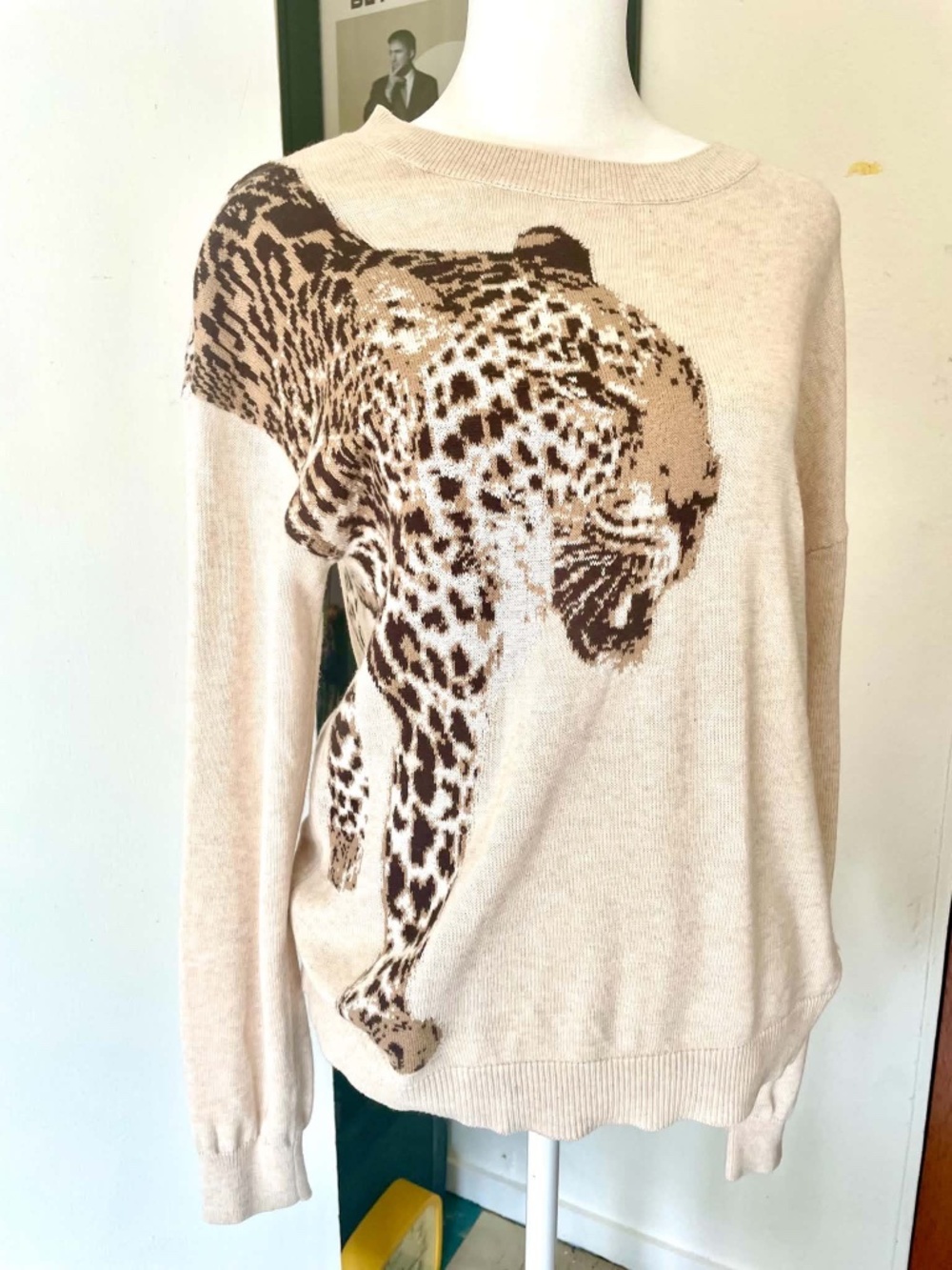 Leopard Knit Graphic Shirt Top Sweater Cream M
